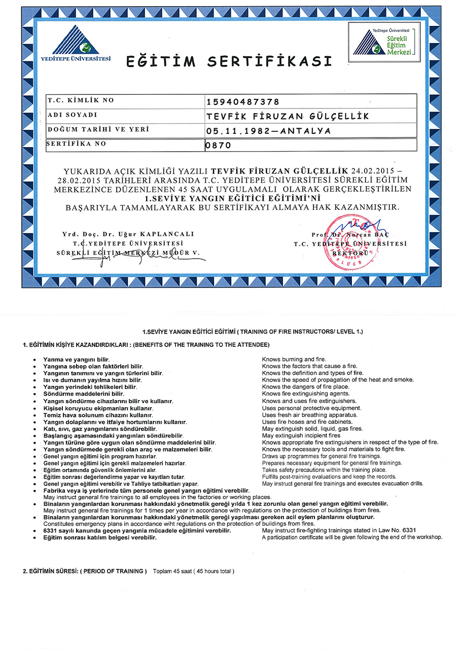 Yangin Eğitmeni Sertifikası